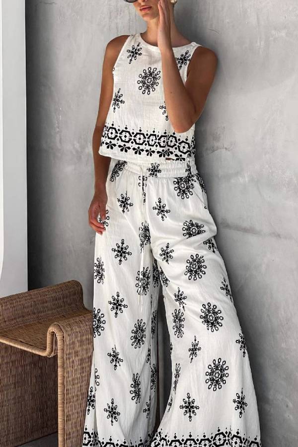 Boho Black & White Printed Sleeveless Top & Wide-Leg Pants Set