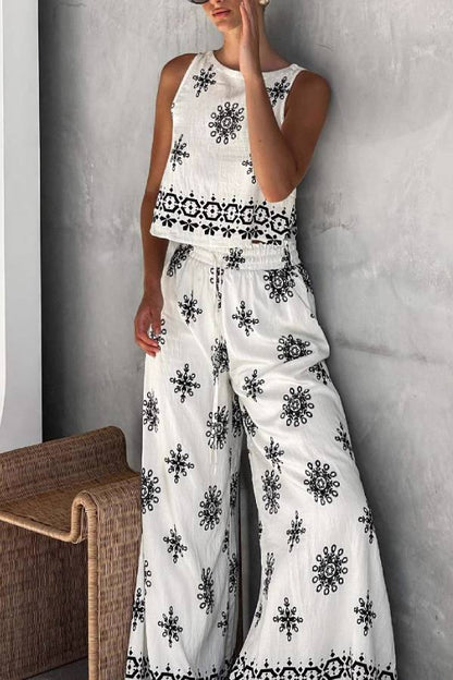 Boho Black & White Printed Sleeveless Top & Wide-Leg Pants Set