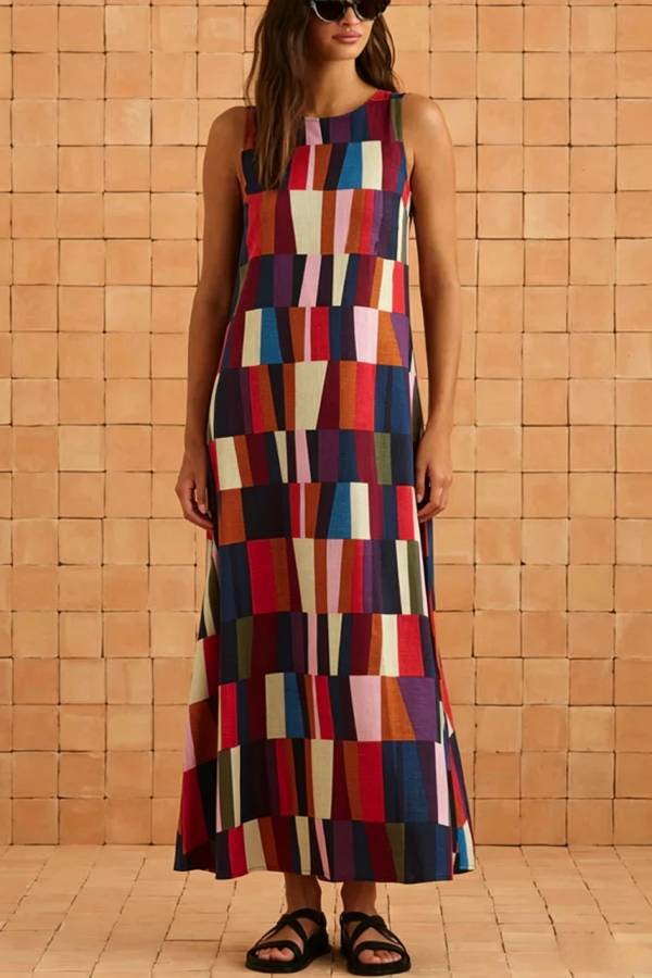 Retro Chic Linen Blend Colorful Color Block High Round Neck Sleeveless Maxi Dress