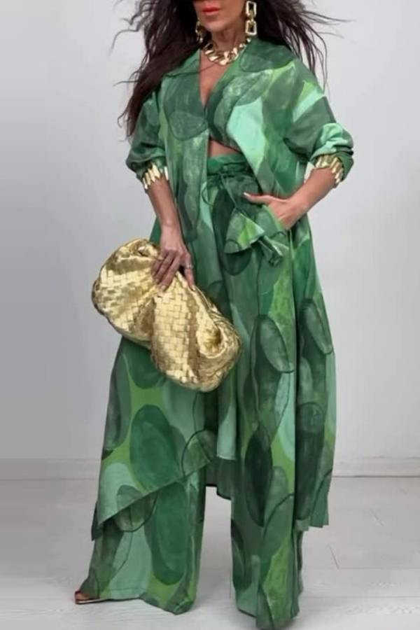 Ink Wash Print Long Shirt Wide Leg Pants Two Piece Set