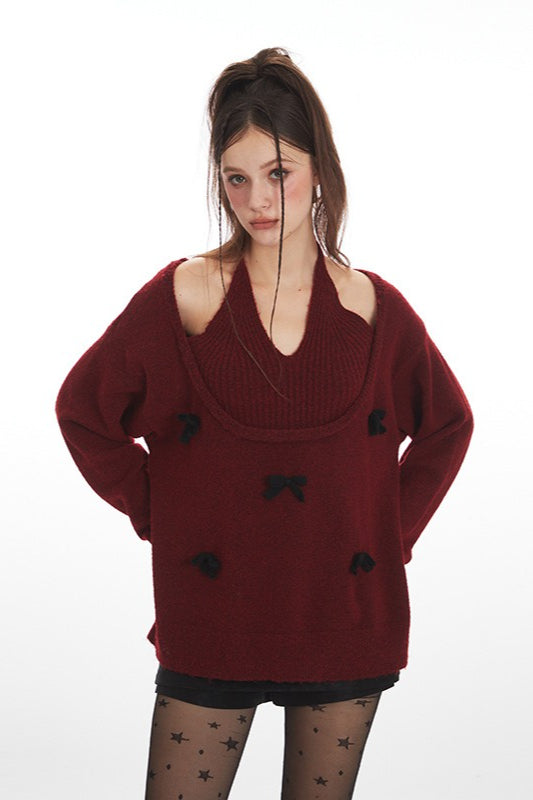 Bow Tie Halter U-Neck Knit Top