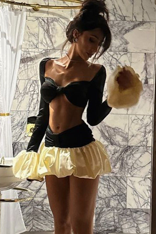 Flared Sleeve Color Block Crop Top Puffy Skirt Set