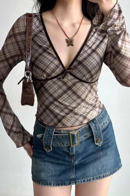 Deep V Neck Plaid Bodycon Cropped Long Sleeve Tee
