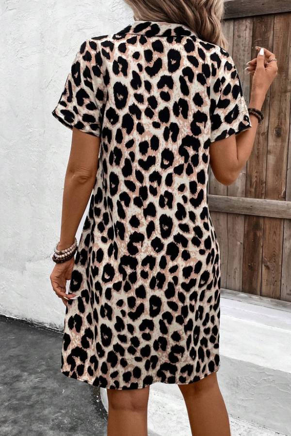 Collared V-Neck Leopard Print Short-Sleeve Straight Dress