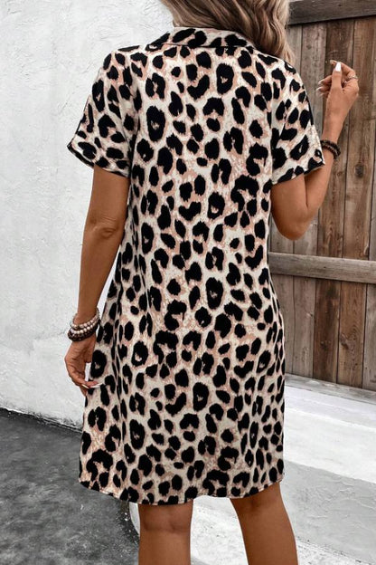 Collared V-Neck Leopard Print Short-Sleeve Straight Dress