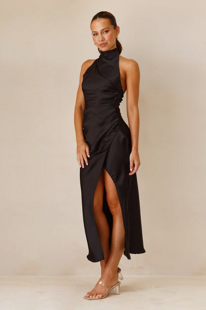 Halter Neck Ruched Pleated Wrap Thigh Slit Satin Midi Dress