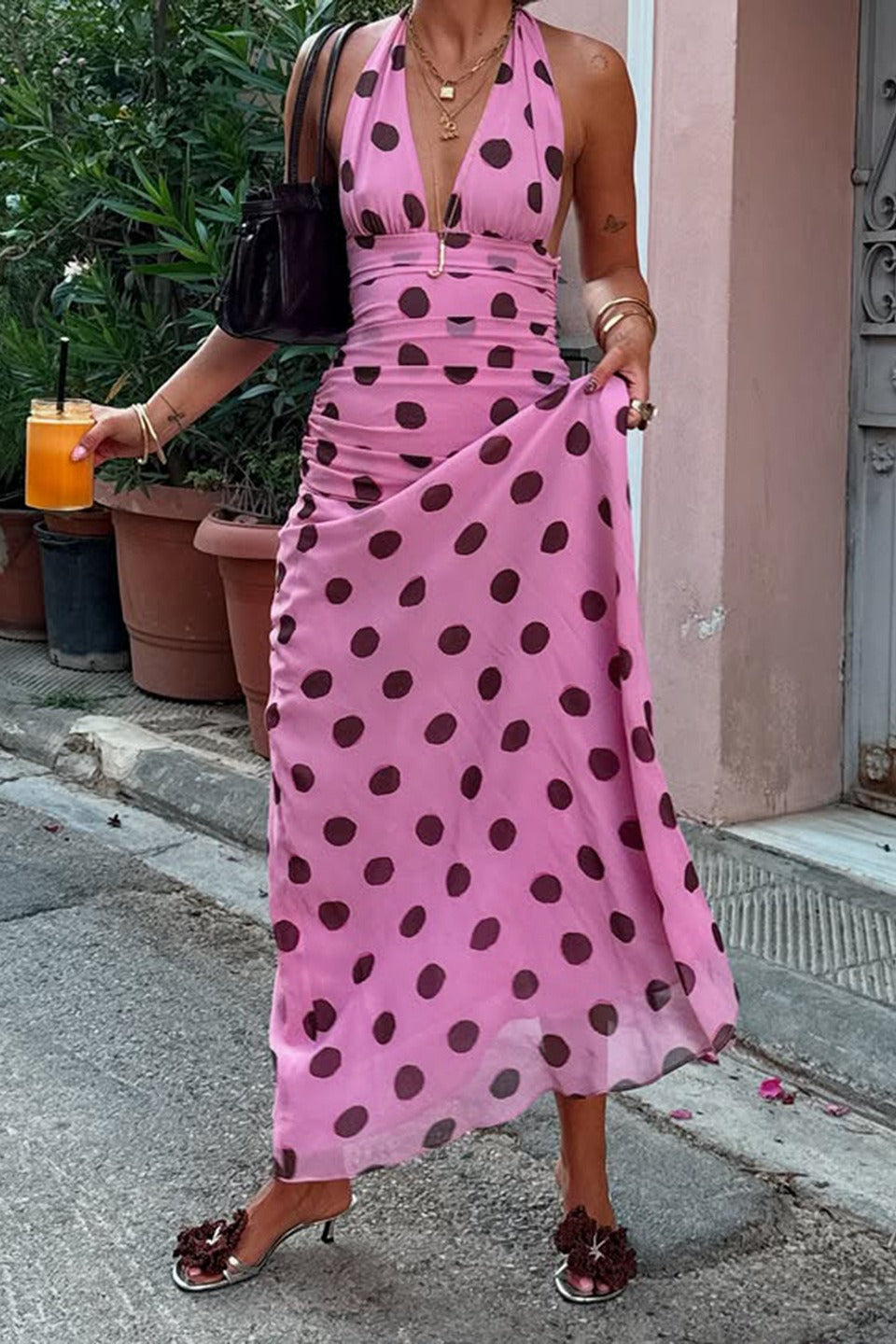 Polka Dot Deep V-Neck Sleeveless Ruched Waist Fit and Flare Maxi Dress