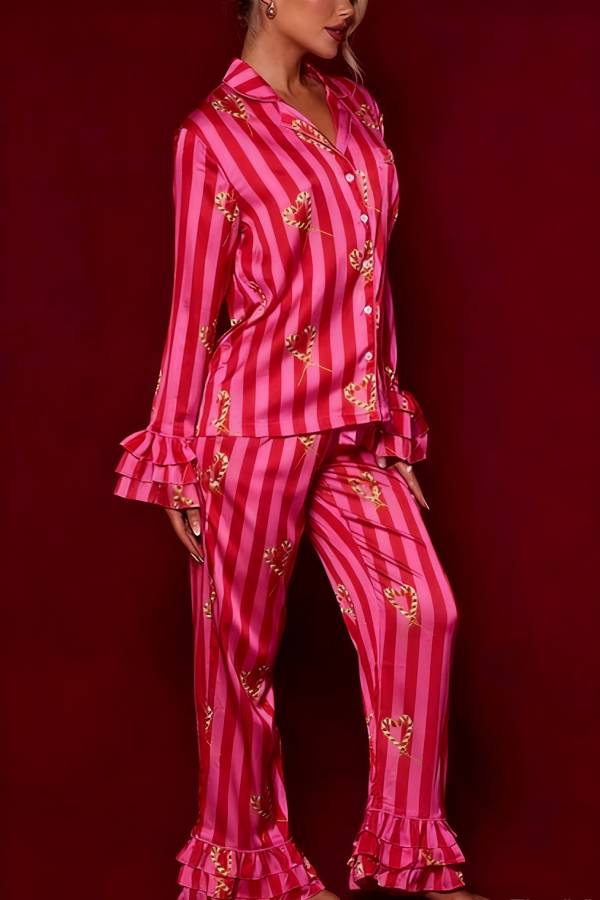 Festive Season Long Candy Stripe Tiered Bell Cuffs Elastic Waist Pocketed Pajama Set