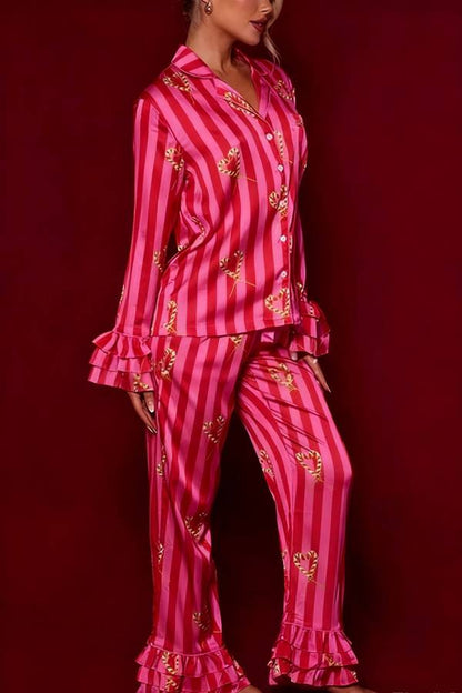 Festive Season Long Candy Stripe Tiered Bell Cuffs Elastic Waist Pocketed Pajama Set