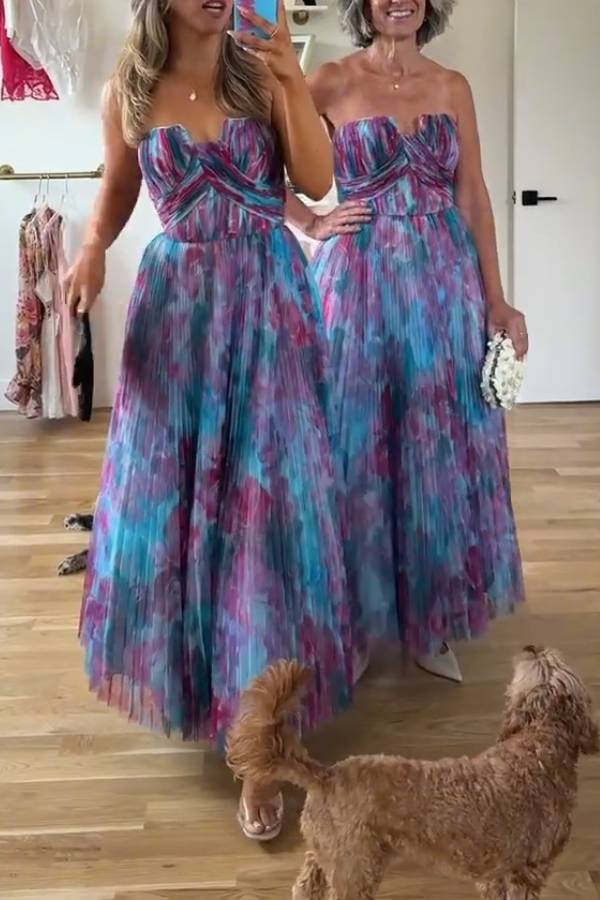 Strapless Floral Print Pleated Swing Maxi Dress