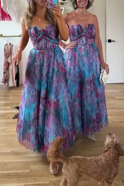 Strapless Floral Print Pleated Swing Maxi Dress