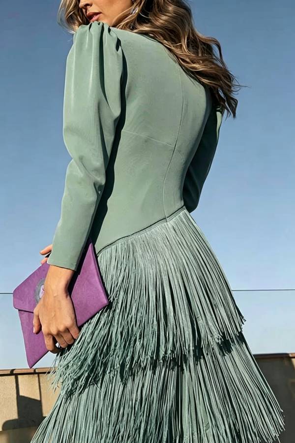 Elegant Night V-Neck Long Sleeve Layered Tassel Hem Maxi Dress