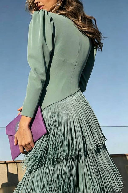 Elegant Night V-Neck Long Sleeve Layered Tassel Hem Maxi Dress