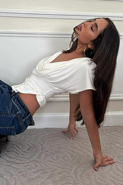 Minimal Draped Neck Ruched Waist Tee