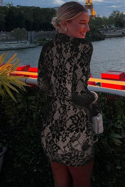 Lace Mock Neck Keyhole Cut Out Bell Sleeve Bodycon Mini Dress
