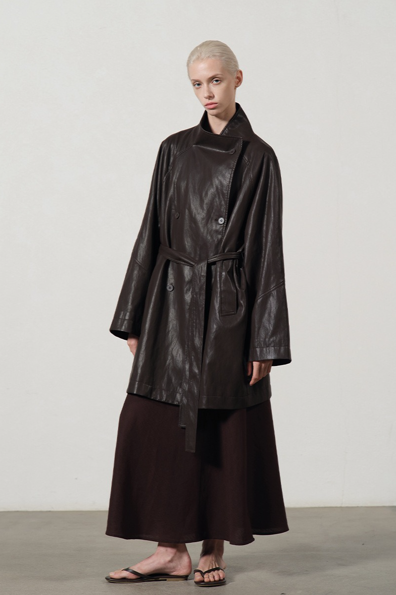 PU Leather Mid Length Trench Style Overcoat