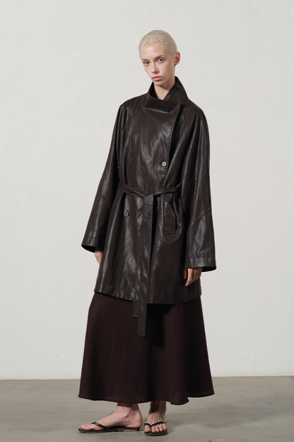 PU Leather Mid Length Trench Style Overcoat
