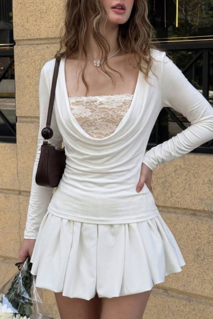Lace Camisole Cowl Neck Long Sleeve Tee Set