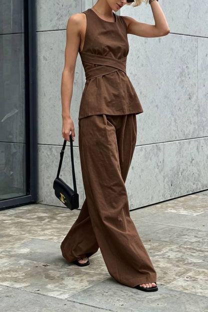 Cross-Band Sleeveless Waist Top & Wide Leg Pants Set
