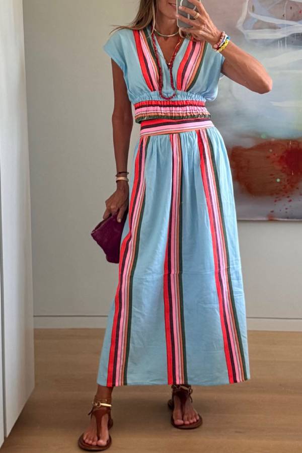 Light Blue Color-Blocked Striped V-Neck Fitted Waist Vacation Maxi Dress