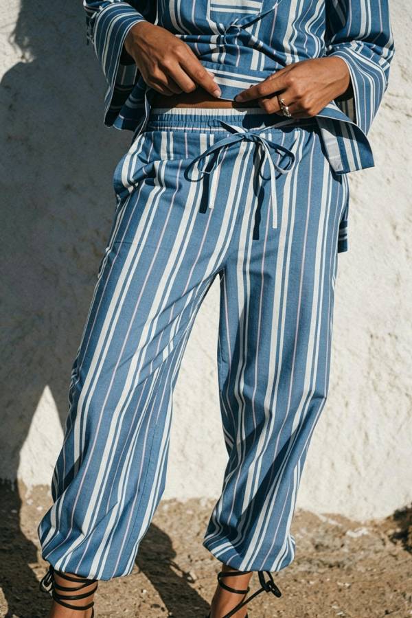 Althea Striped Print Lace-up Neck Long Sleeve Top and Elastic Waist Pocket Lantern Pants Set
