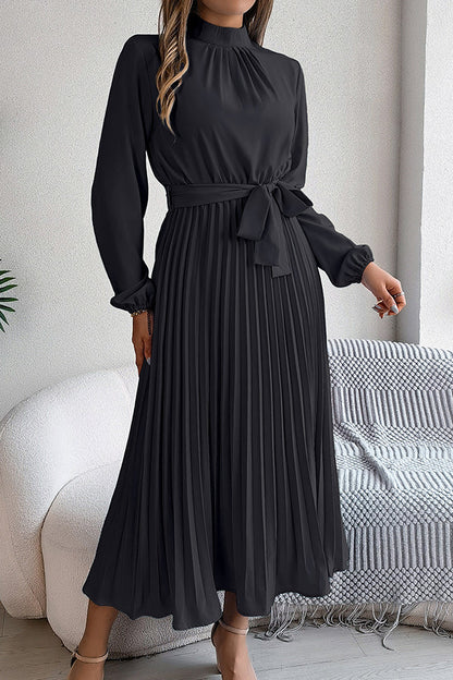 Mock Neck Lantern Sleeve Belted Pleated A-Line Midi Dress