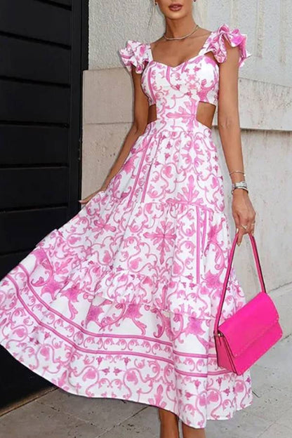 Pink & White Baroque Print Backless Ruffle Tiered Maxi Dress