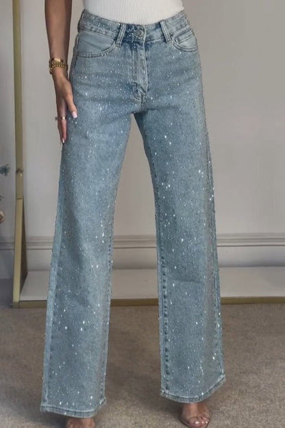 Rhinestone Washed High Waist Straight Jeans