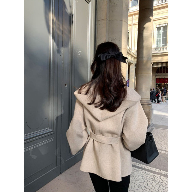 Chic Brown Woolen Hooded Overcoat
