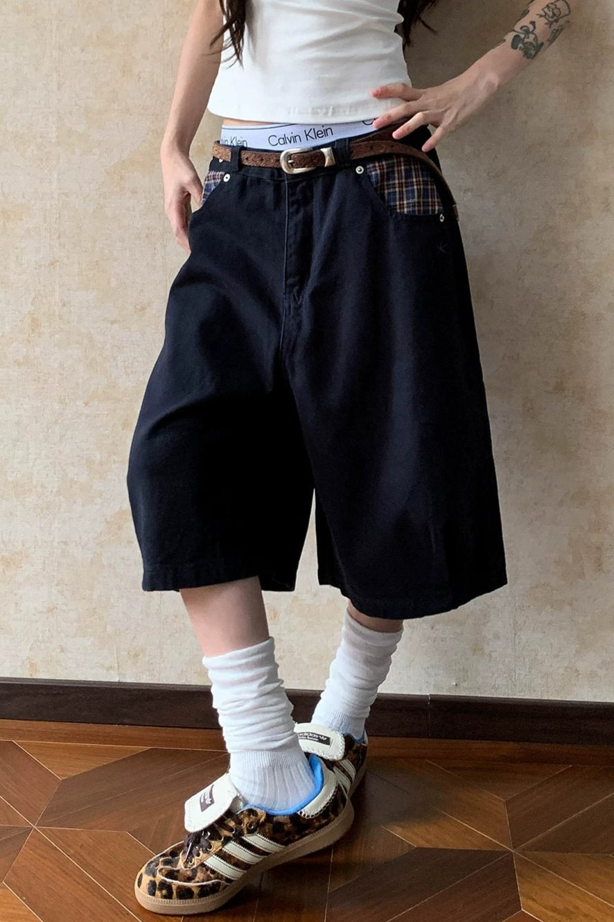 Plaid Pocket Denim Bermuda Jeans