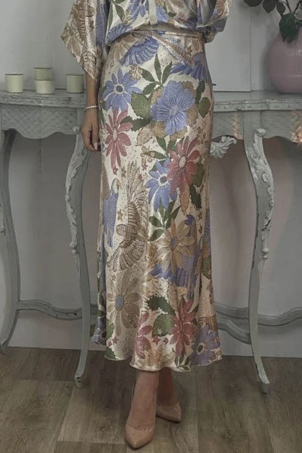 Satin Floral Print V-neck Half-sleeve Loose Top and Elegant Maxi Skirt Set
