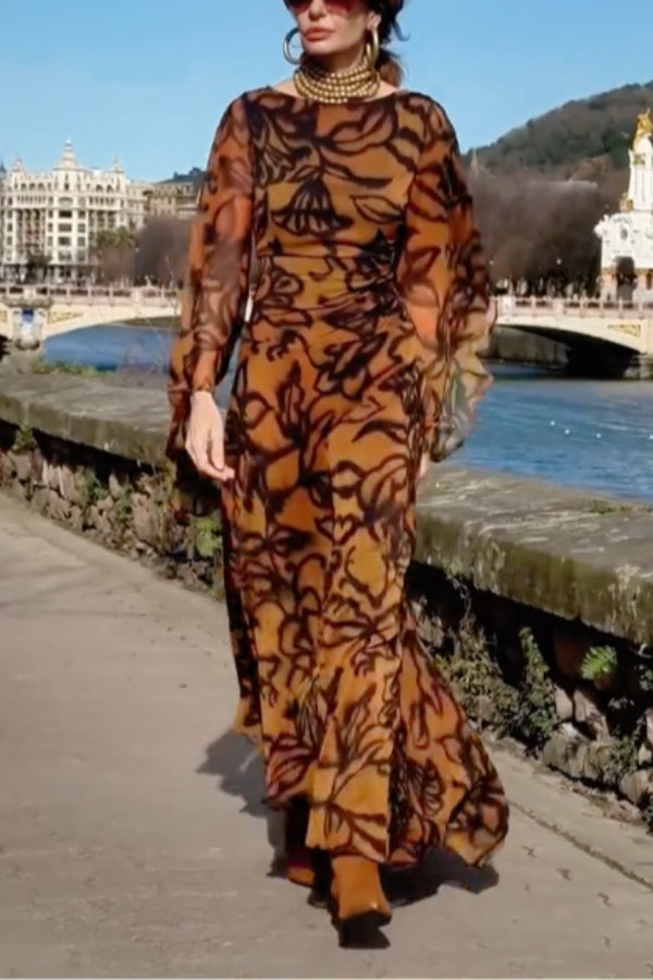 LONG PRINTED DRESS WITH WIDE SLEEVES
