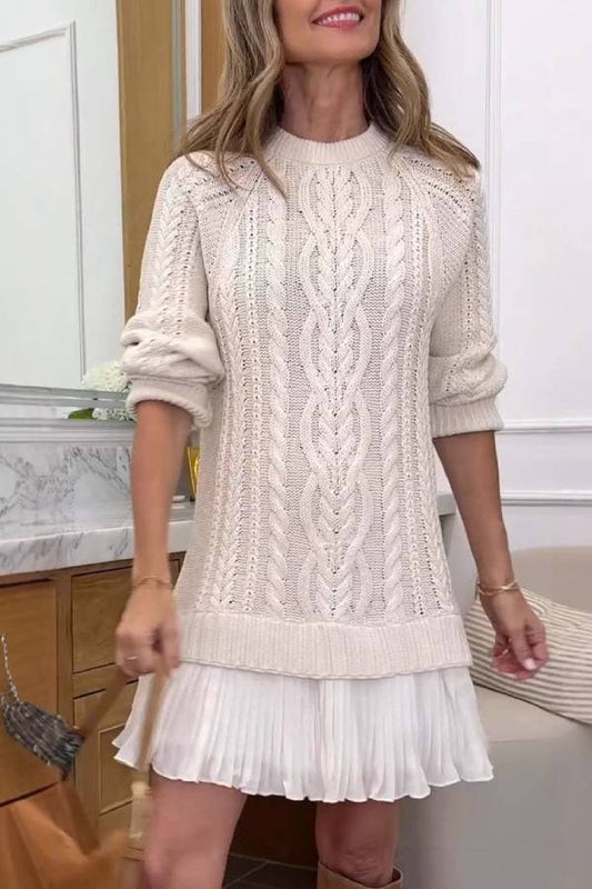Cable Knit Pleated Chiffon Hem Two Piece Look Sweater Dress