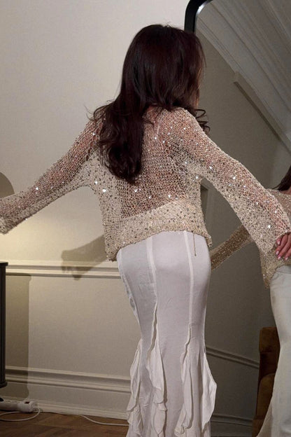 Sequin Trim Long Sleeve Knit Mesh Top
