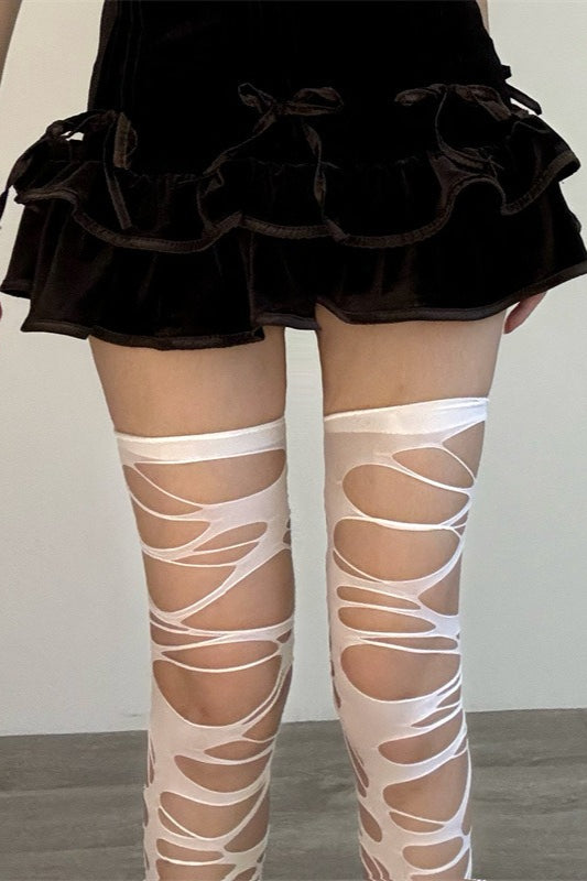 Y2K Gothic Distressed Cutout Thigh-High Stockings