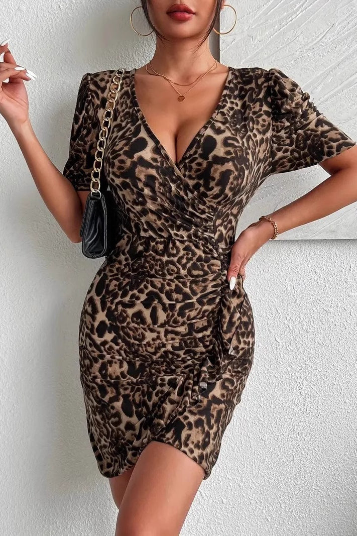 Leopard Print V Neck Bodycon Elegant Cocktail Dress