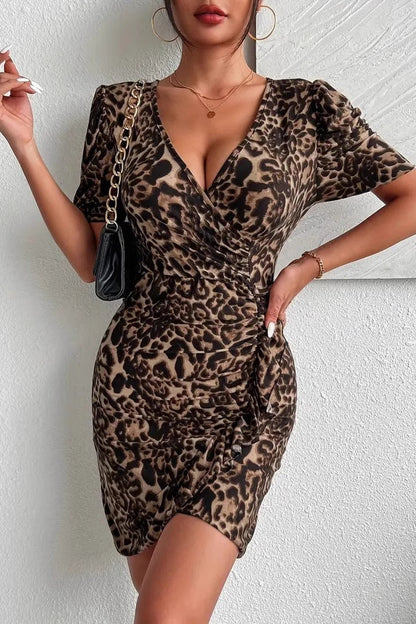 Leopard Print V Neck Bodycon Elegant Cocktail Dress