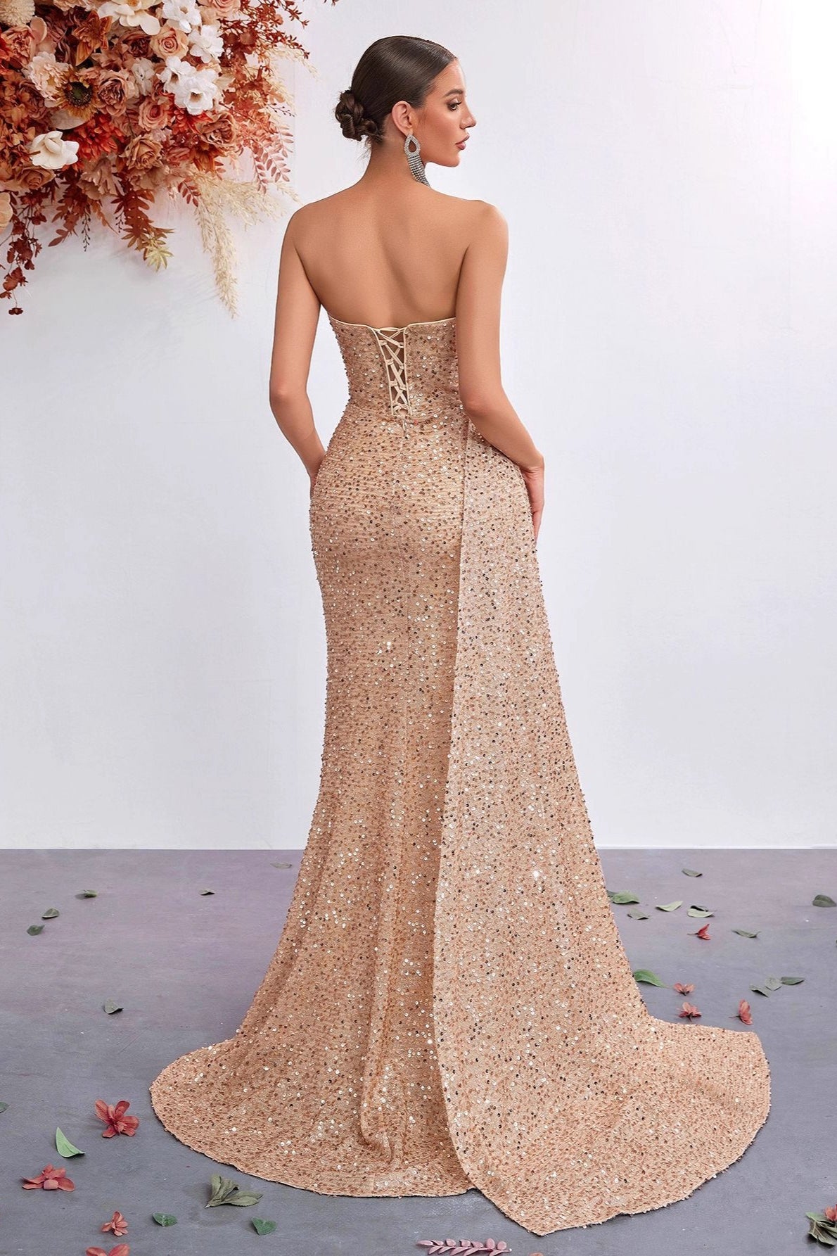 Sequin Strapless High Waist Slit Prom Dress