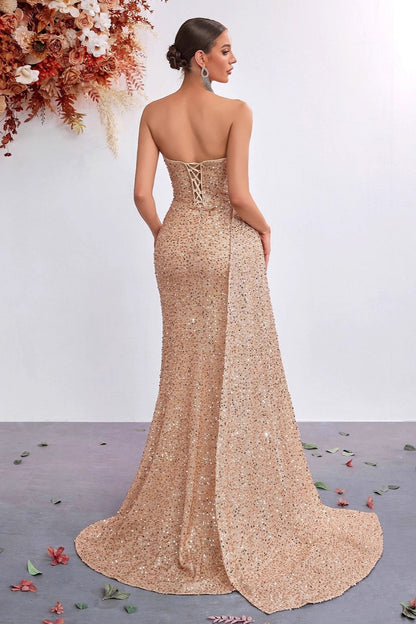 Sequin Strapless High Waist Slit Prom Dress