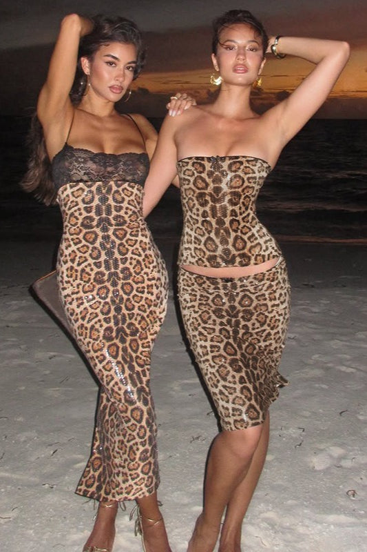 Leopard Print Lace Up Corset Sequin Midi Skirt Set