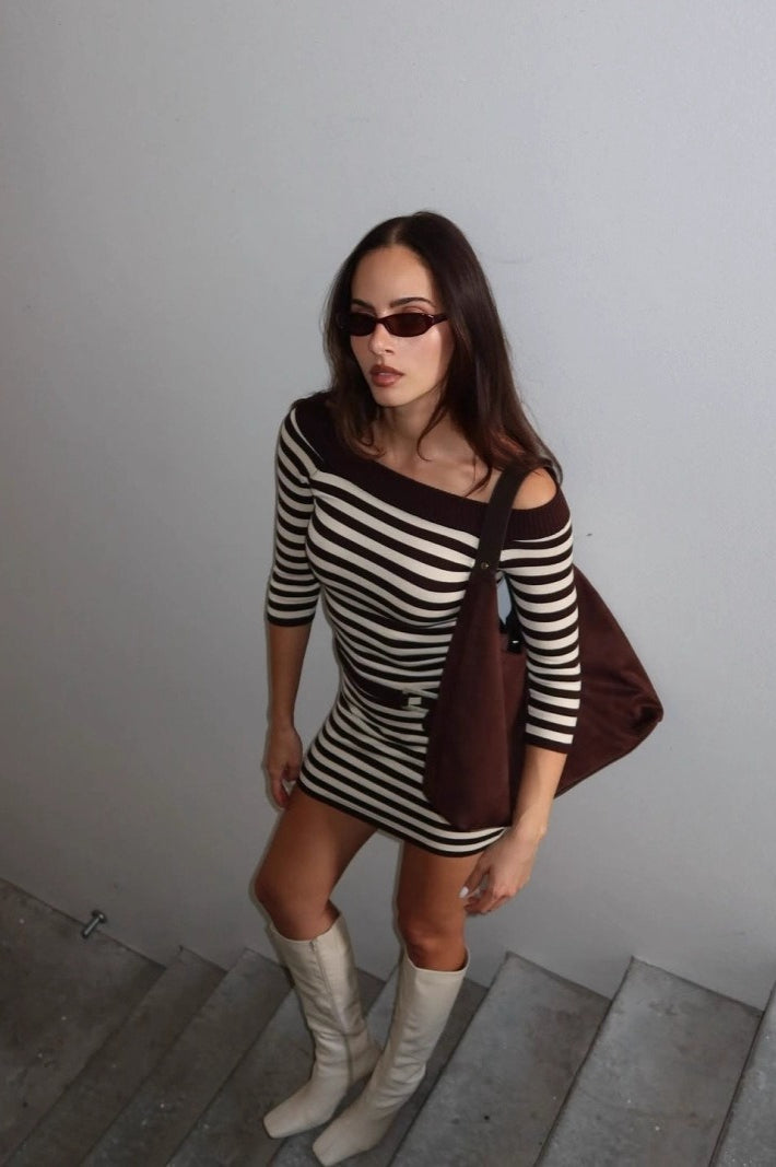 Stripe Off Shoulder Knit Colorblock Bodycon Dress
