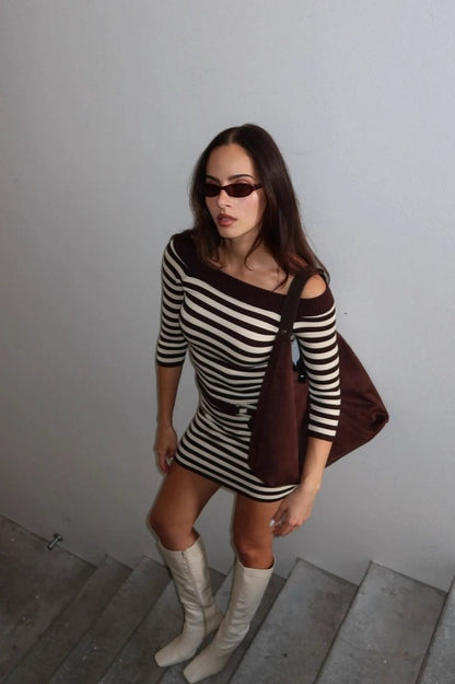 Stripe Off Shoulder Knit Colorblock Bodycon Dress