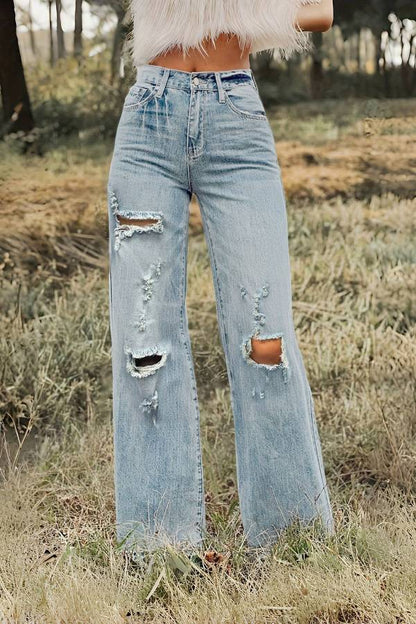 Light Blue Washed Distressed High-Waisted Wide-Leg Jeans
