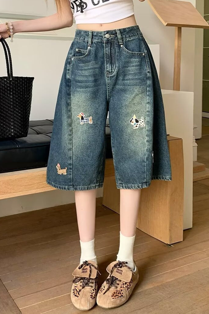 Embroidered High Waist Wide Leg Casual Shorts