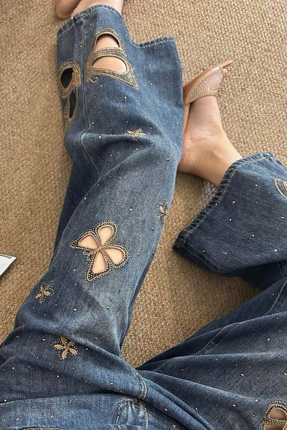Heavy Embroidery Rhinestone Cutout High Waist Jeans