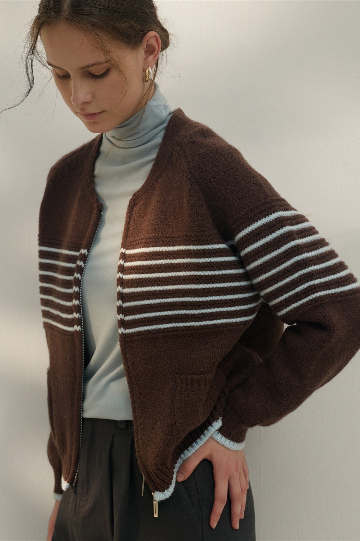Retro Stripe Zip V-Neck Knit Top