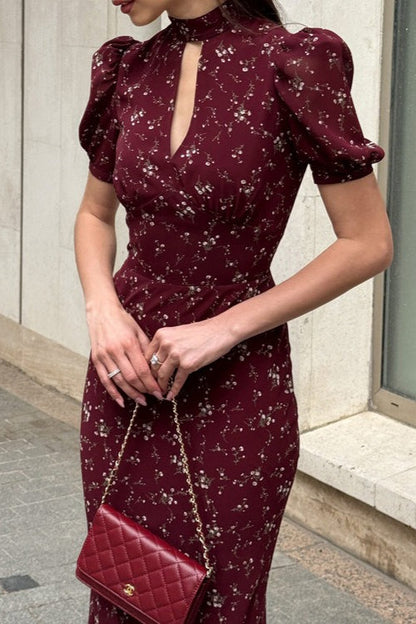 Cutout Stand Collar Puff Sleeve Floral Dress
