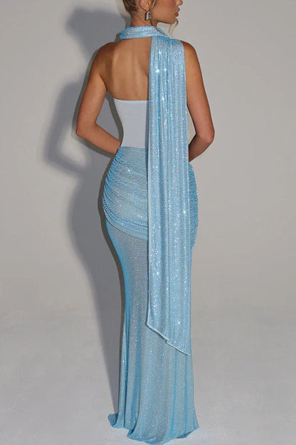 Sequin Sash Strapless Gown Dress