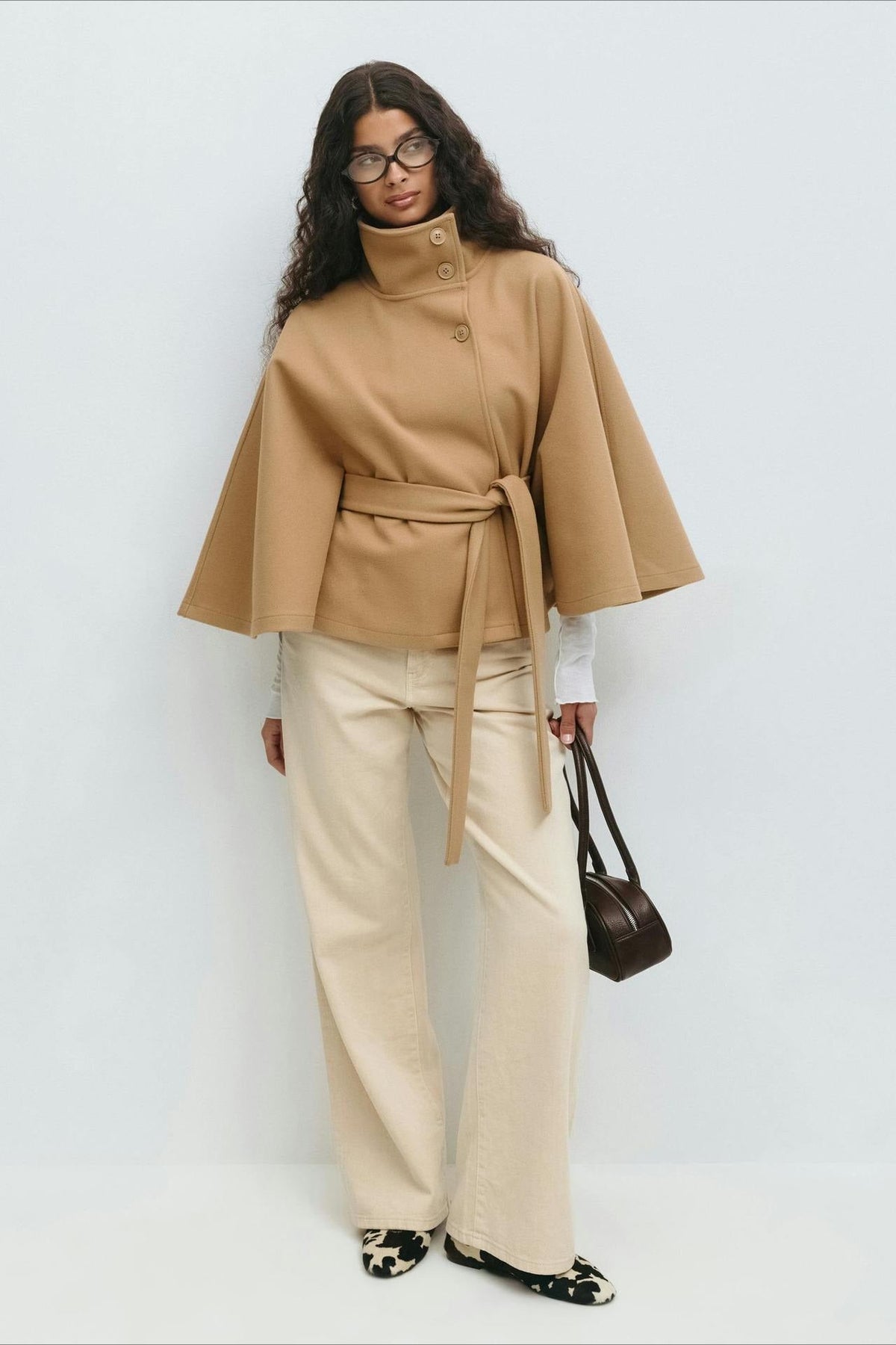 High Neck Button Detail Batwing Sleeve Coat
