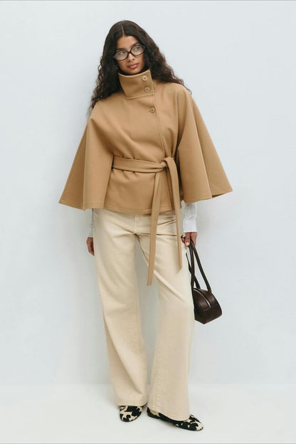 High Neck Button Detail Batwing Sleeve Coat